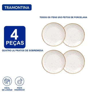 Aparelho de Jantar Jogo de Pratos Sobremesa 21 cm Tramontina Rústico Marrom em Porcelana 4 Peças
