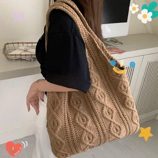 LIL Women Bolsas De Ombro , Crochê Ocas Tecidas Tricô Retro De Grande Capacidade De Cor Sólida Meninas