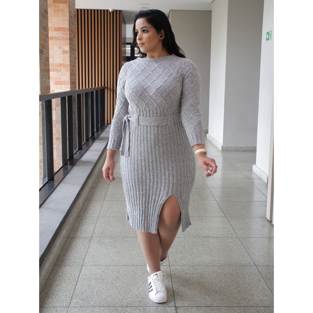Vestido Tricot Vestido Longo Listrado Manga Longa Vestido Tricot