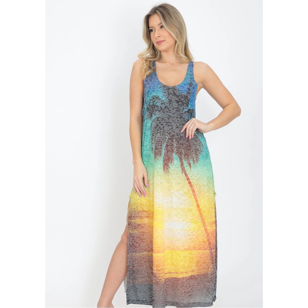 Vestido longo feminino fenda estampa praiana devorê