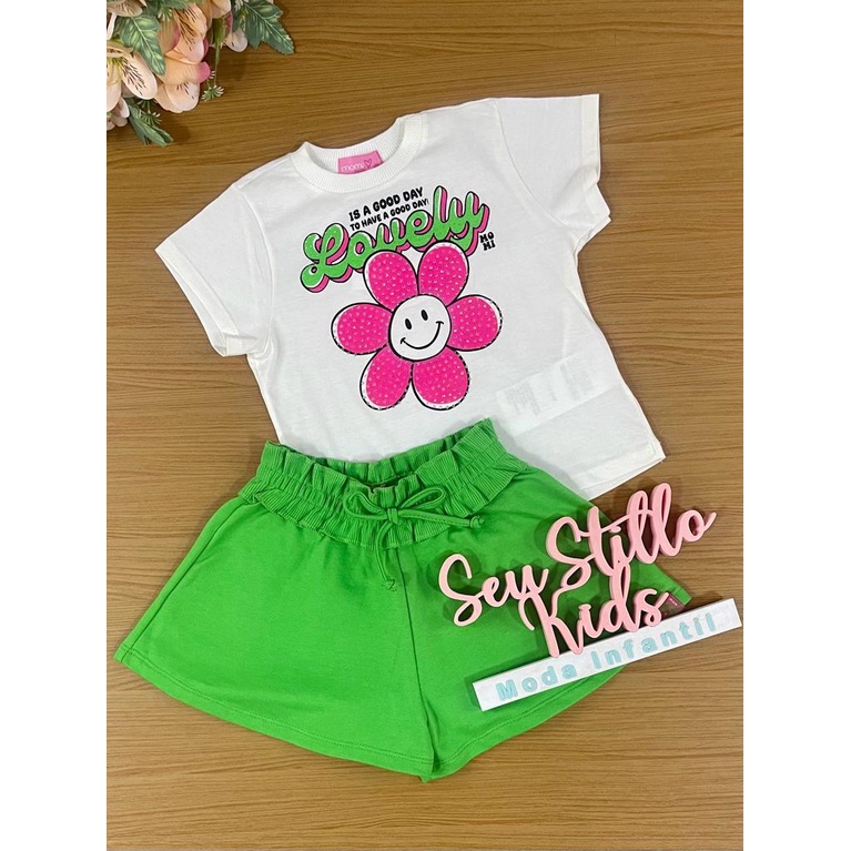 Conjunto Infantil Momi Verão Com Shorts e Blusa Branca Lovely Flor