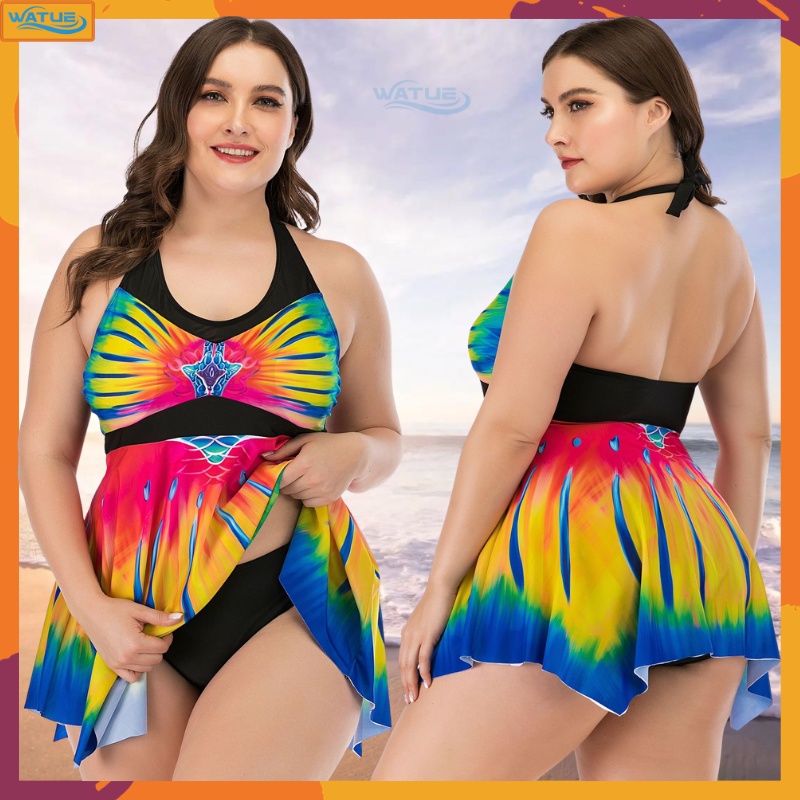 Maiô Plus Size 2 em 1 Tamanhos Extra Grandes 46 ao 58 Com Saia Vestido Disfarça Barriga Conjunto Alças Largas Roupa de banho duas peças Cobertura pescoço cabresto ventre Sexy Biquíni Conservador Natação Gordura Férias Natação Fresca fonte termal