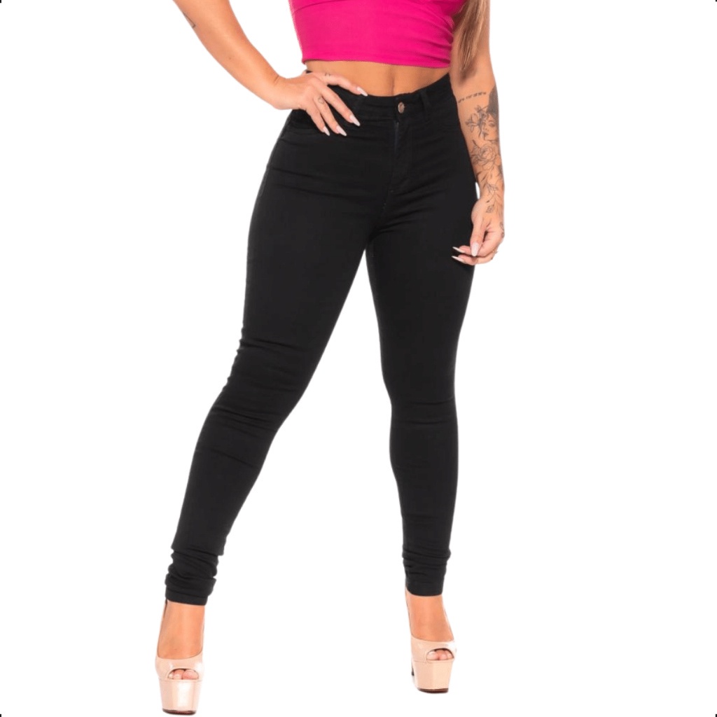 Calça jeans preta feminina super lycra modelo Skinny cintura alta e ...