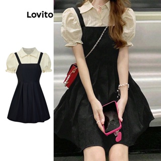 Lovito Casual Vestido Feminino Liso Plissado Drapeado 2 em 1 de Manga Bufante L70AD088 (Preto)