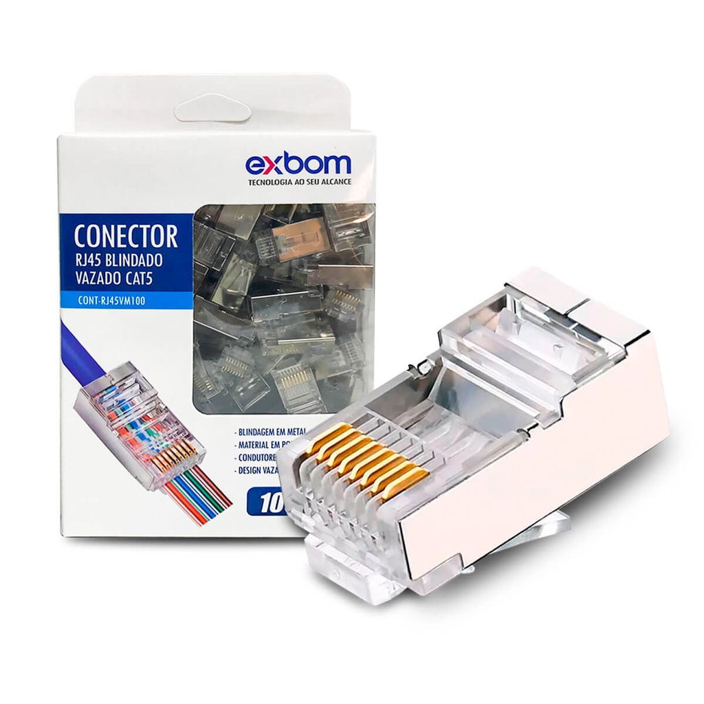 Conector Blindado Vazado Cabo Rede RJ45 CAT5 Kit 100 Unidade | Shopee ...