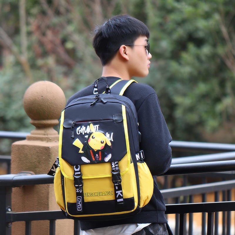 Mochilas escolares de anime Pikachu para homens e mulheres