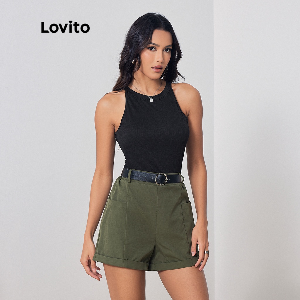 Lovito Casual Conjunto Feminino Liso de Shorts com Zíper LBA05188 (Damasco)  - Escorrega o Preço