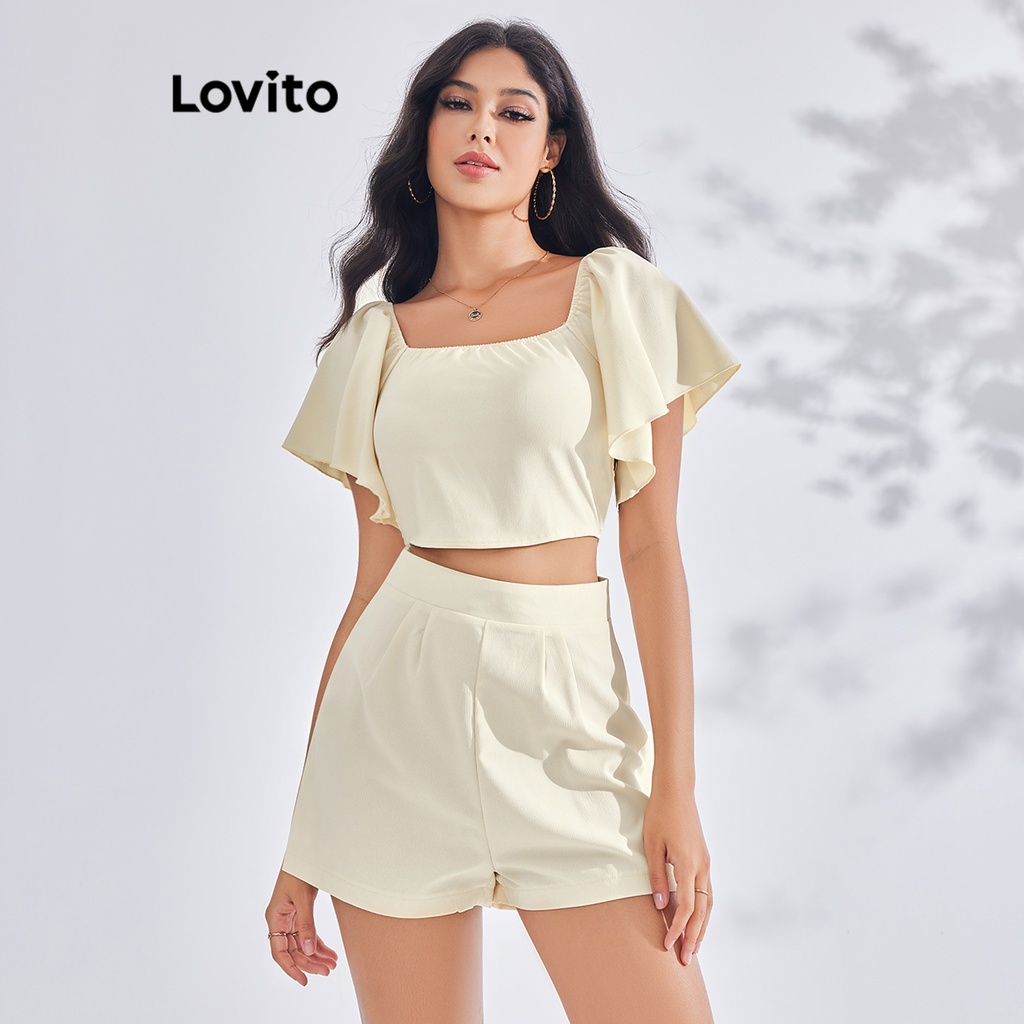 Lovito Conjuntos Elegantes De Shorts De Cintura Alta Com Bata Para Mulheres  LBE03092 (Tops/Calções) - Escorrega o Preço