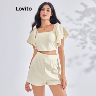 Lovito Conjunto de Shorts de Cintura Alta com Smocking para Mulheres LBE03092 (上衣/短裤)
