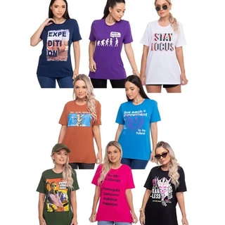 Kit 5 Camisetas Femininas Estampadas Algodão 100% Fio 30.1 Confortável