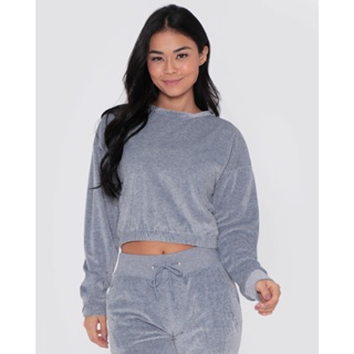 Blusa Feminina Plush Manga Longa Cropped Cinza Claro
