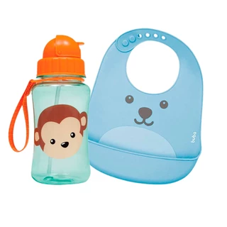 Conjunto com Garrafinha Animal Fun Macaco 350ml Com Babador de Silicone com Pega Migalhas Azul Buba