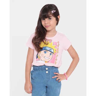 Blusa Infantil Cropped Glitter Naruto Rosa Claro