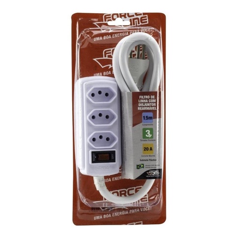 FILTRO LINHA 3 TOMADAS 1,5M 20A MICROONDAS BRANCO FORCE LINE EXTENSÃO