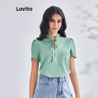 Lovito Blusa Casual com Laço na Frente e Babados para Mulheres LBE03101 (Verde)