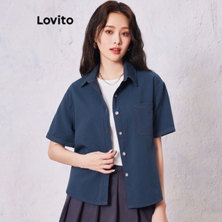 Lovito Top Jeans Casual Com Botão Simples E Lavagem Crua Com Botões Embelezados Para Mulheres LNE31263 (Azul)