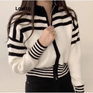 Lovito Suéter Casual Listrado Com Zíper Colorblock Para Mulheres LNA38157 (Branco Preto)