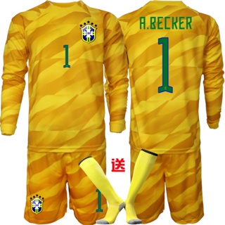 Camisa de time de futebol Brasil Alisson Becker #1 Goleiro Replicas 1º  Equipamento Infantil Mundo 2022 Manga Comprida (+ Calças curtas)