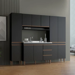Cozinha Modulada Compacta com Armário Paneleiro Sabrina 240 x 202 Cm 4 Peças MDP Preto MENU