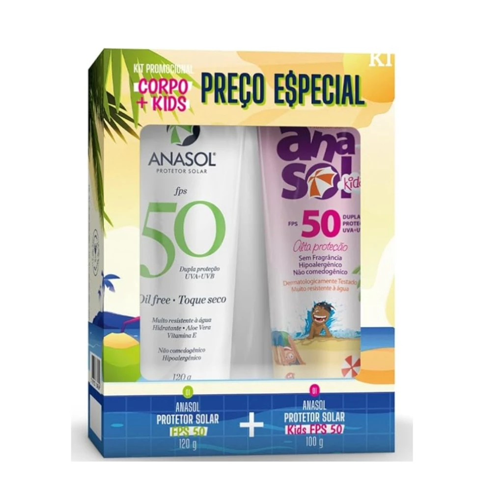 Kit Protetor Solar Anasol FPS 50 Adulto 120g + Kids 100g - Toque Seco, Hipoalergênico, Resistente à Água e Vegano