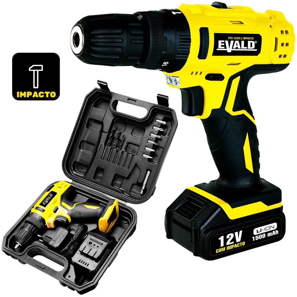Parafusadeira Furadeira Bateria 12V com Impacto Bivolt PFE-012EVI Maleta e Kit EVALD