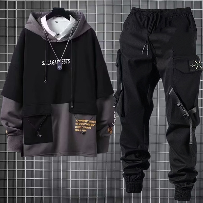 Moda Masculina Manga Comprida Solta Camisetas Com Capuz Longo Tendência Capuzes + Calça De Carga Preta De Corrida