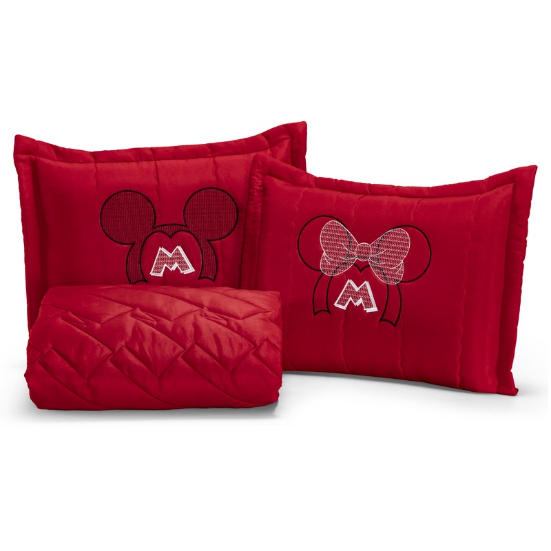 Jogo de cama Mickey Minnie Casal 3 Peças Bordada toque macio