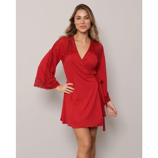 Robe Feminino Manga Longa Com Renda Vermelho