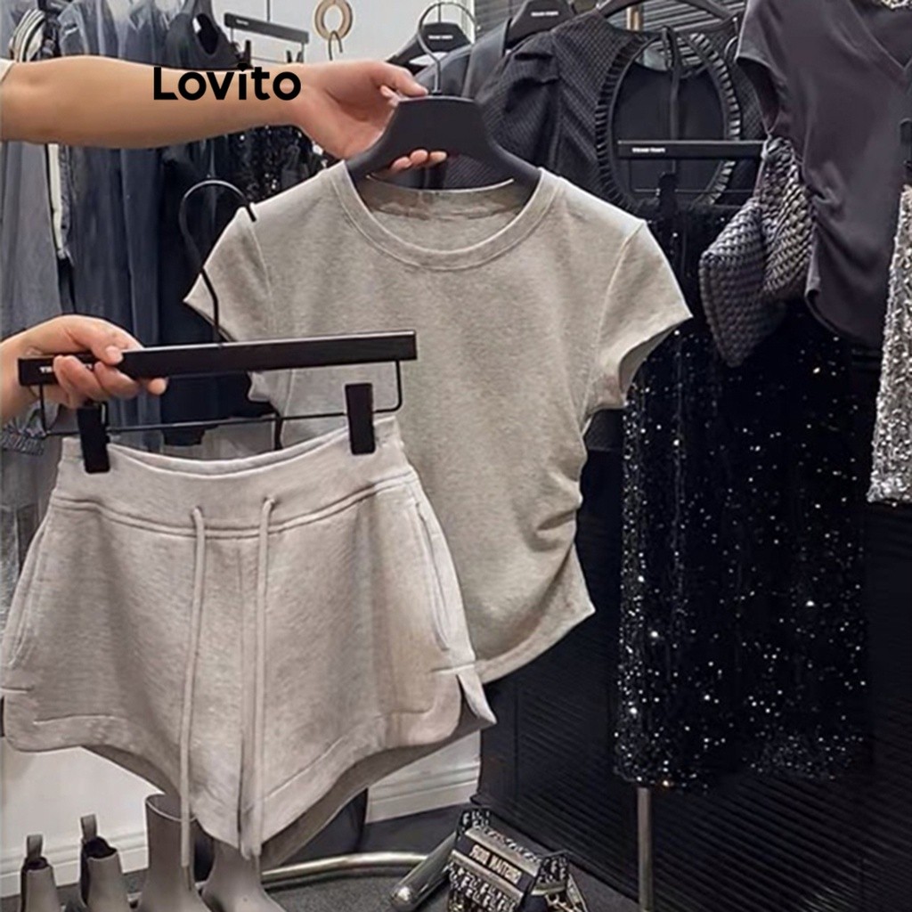 Lovito Casual Conjunto Feminino Liso Básico de Shorts LNA24180 (Cinza)