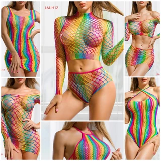 Lingerie de fada, vestido xadrez colorido, malha, meias de seda, uniforme, vista através do macacão, arco-íris, Saída de Praia