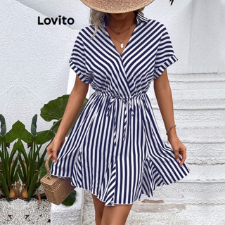 Lovito Vestido Casual Listrado Com Cordão Para Mulheres LNE31044 (Azul-Marinho)