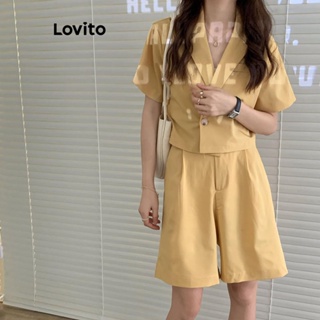 Lovito Conjunto Elegante De Shorts Plissados Na Frente Com Botão Liso Para Mulheres LNE42356