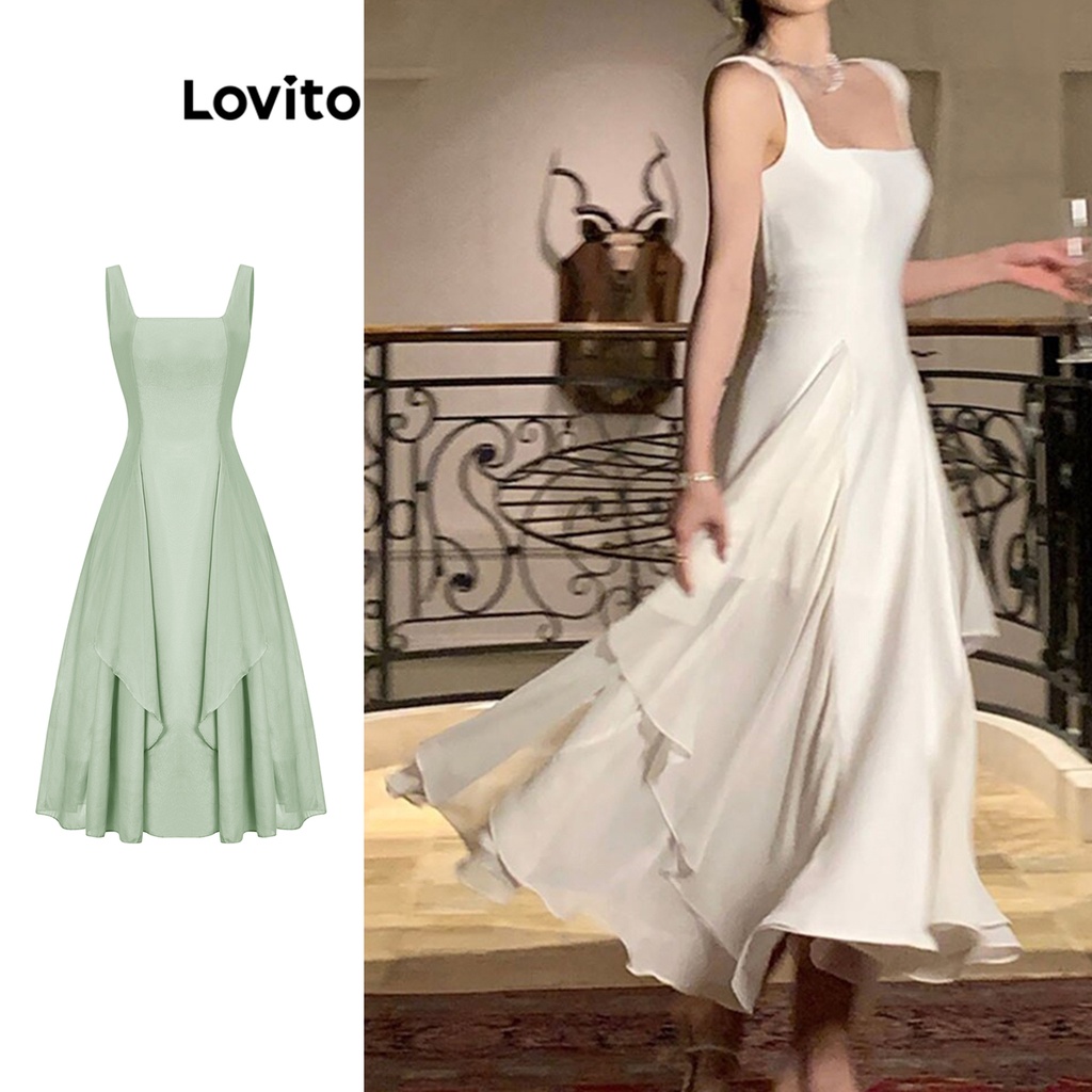 Lovito Festa Vestido Feminino Liso de Festa com Malha Contrastante L74ED344