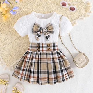 Conjunto Roupa Infantil Menina 2-8 anos Verão Manga Bufante Topo de arco E Elástica Plissada Saia Curta Para Bebê Crianças