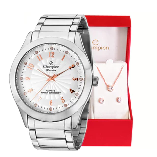 Relógio Champion Feminino Analógico Prata + Kit Colar Brincos Original A Prova D’Água Luxo CN29409N