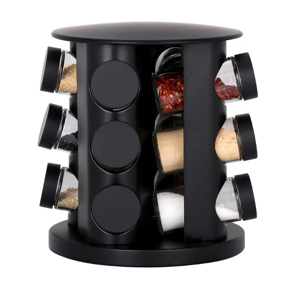 Porta Tempero Preto Inox Giratorio Com 12 Potes Vidro