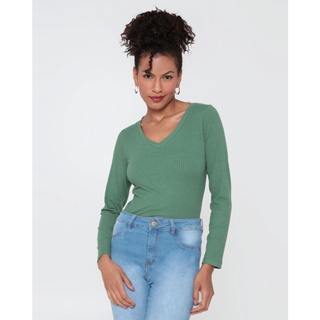 Blusa Feminina Manga Longa Canelada Verde