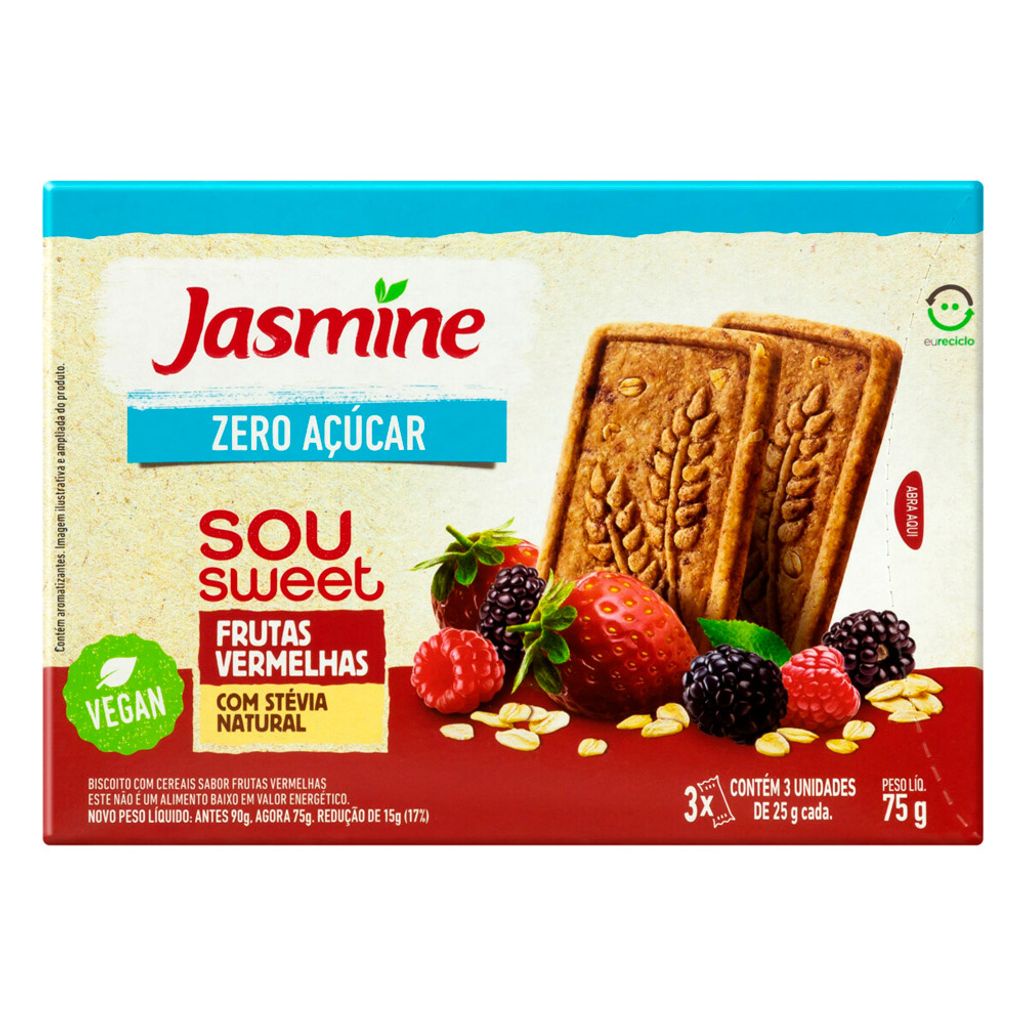 Biscoito Jasmine Sou Sweet Zero Açúcar Sabor Frutas Vermelhas Vegan 75g