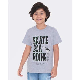 Camiseta Infantil Estampa Skate Paetê Cinza Claro