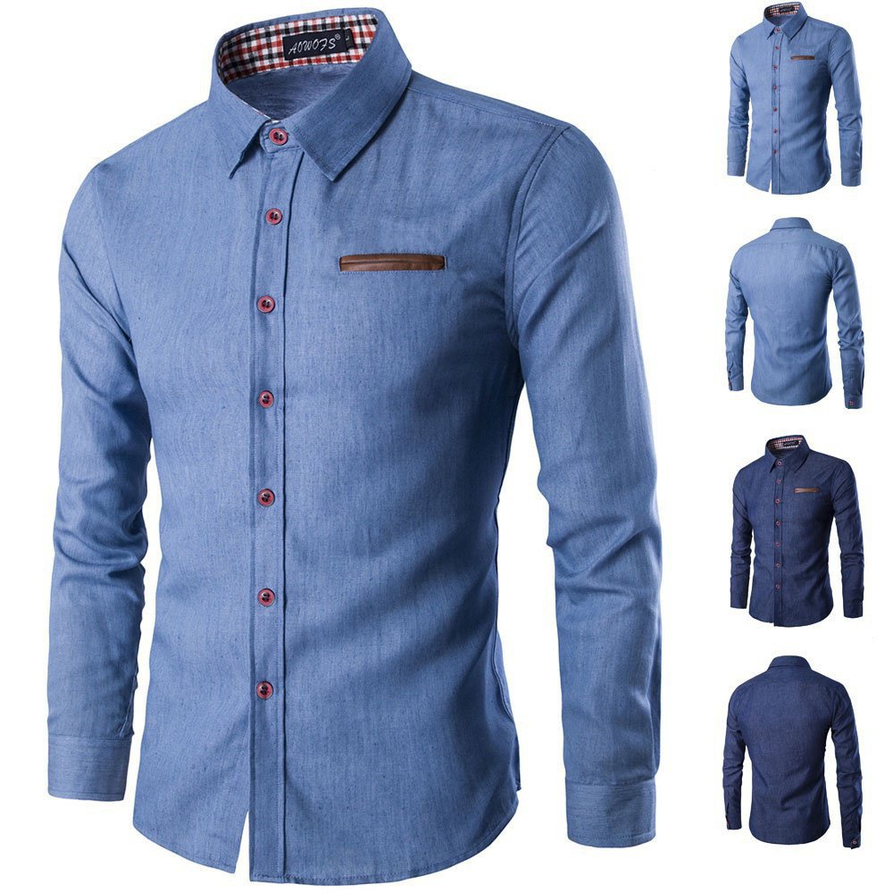 Plus Size Camisa Jeans Social Masculina Slim Fit Com Botões Clássico para Casual College Trabalho