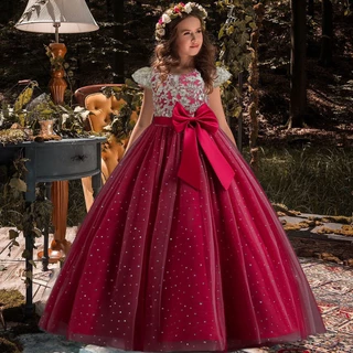 NNJXD Nova Festa De Natal Princesa Vestido Comprido De Criança Em Renda De Gaze Aniversário Baile De Jantar Grande Borboleta
