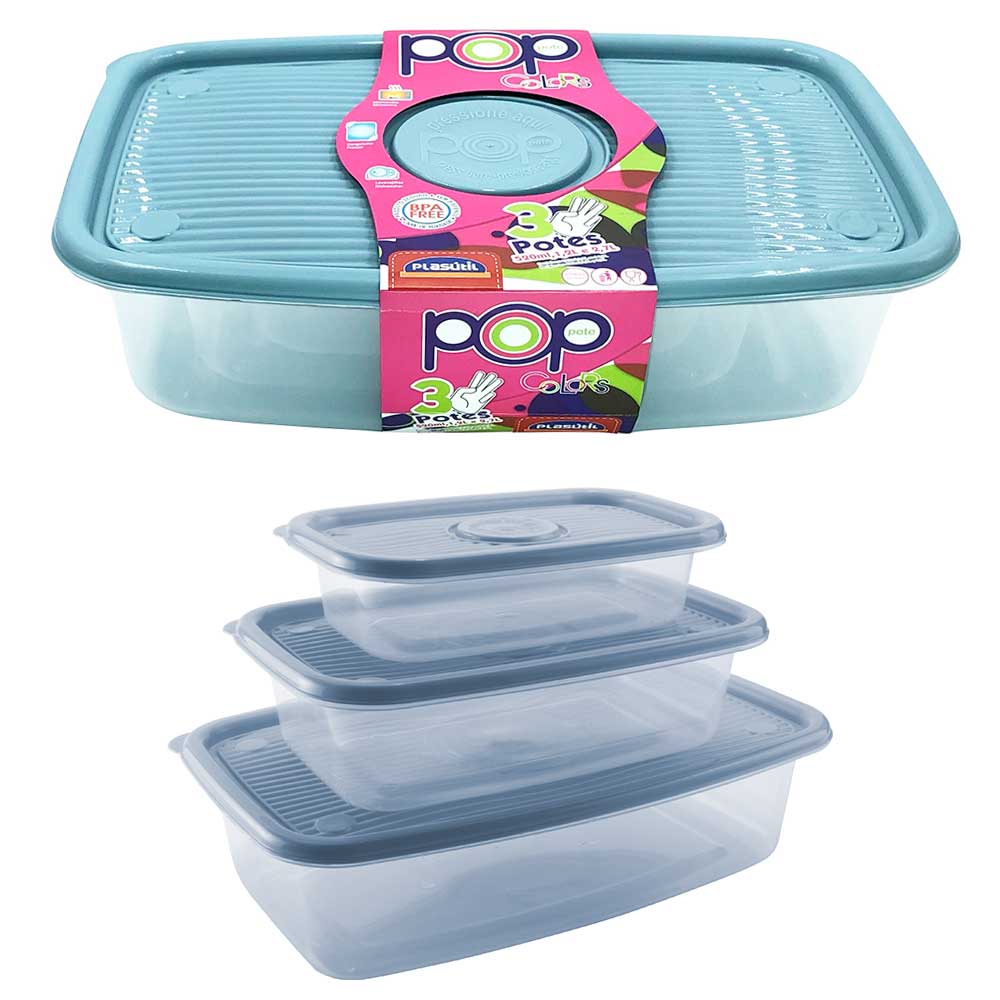 Kit com 3 potes para mantimentos alimentos frutas comida plástico azul ...