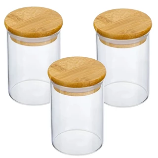 Kit 3 Potes De Vidro Mantimentos Tampa De Bambu 6,5 x 10cm