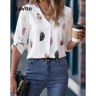 Lovito Elegante Blusa Feminina de Penas com Fivela LNE31096 (Branco/Preto)