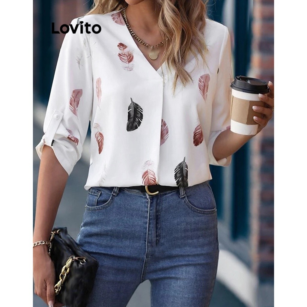 Lovito Elegante Blusa Feminina de Penas com Fivela LNE31096 (Branco/Preto)