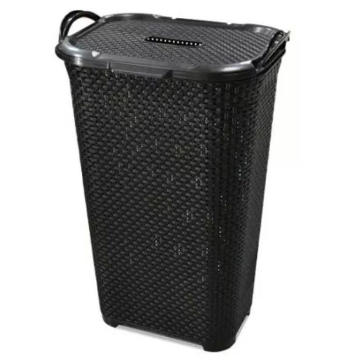 Cesto de Roupa Rattan Grande C/ Tampa Basculada Preto 50 Litros Arqplast