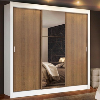 Guarda Roupa Casal Madesa Mônaco 3 Portas de Correr com Espelho - Branco/Rustic