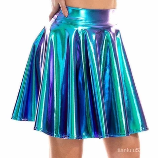 Verão de Cintura Alta Laser Holográfica Saias Mini PU Saia De Couro Para Brilhante Clube De Dança Harajuku JK Black Metal