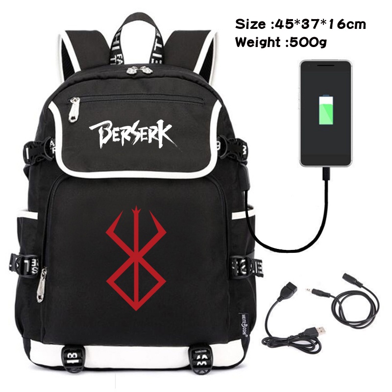 Bolsa Escolar Berserk Canvas Cartoon School Bag USB Carregando Mochila Preta Para Crianças Estudantes