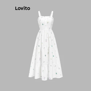Lovito Vestido Casual Floral De Camada Dupla Com Botões Para Mulheres L62ED153 (Branco)